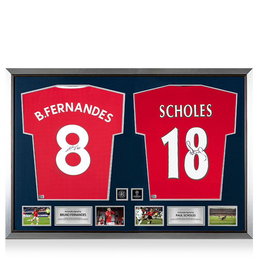 Bruno Fernandes & Paul Scholes Signed Manchester United Shirts In Official UEFA Champions League Dual Frame UEFA Club Competitions Online Store