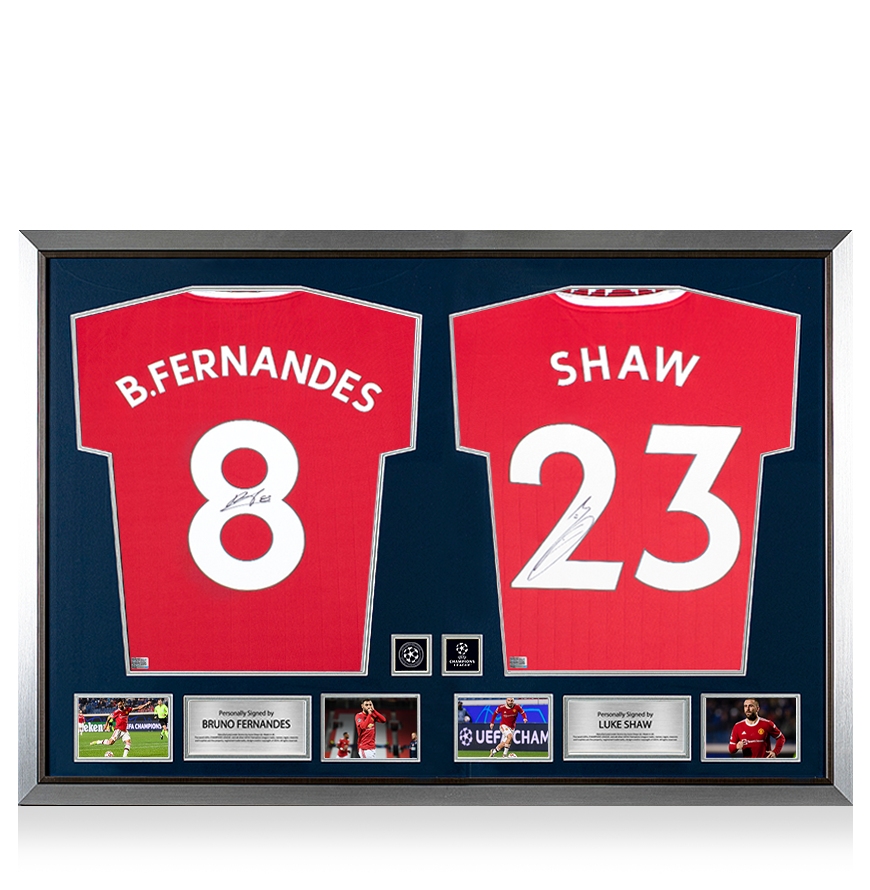 Bruno Fernandes &amp; Luke Shaw Signed Manchester United Shirts In Official UEFA Champions League Dual Frame UEFA Club Competitions Online Store