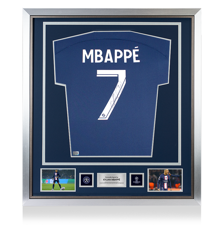 Kylian Mbappe Official UEFA Champions League Back Signed and Framed Paris Saint-Germain 2022-23 Home Shirt UEFA Club Competitions Online Store