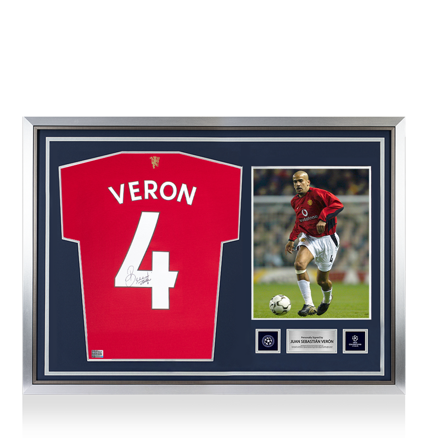 Juan Sebastian Veron Official UEFA Champions League Signed and Hero Framed Modern Manchester United Home Shirt with Fan Style Numbers UEFA Club Competitions Online Store