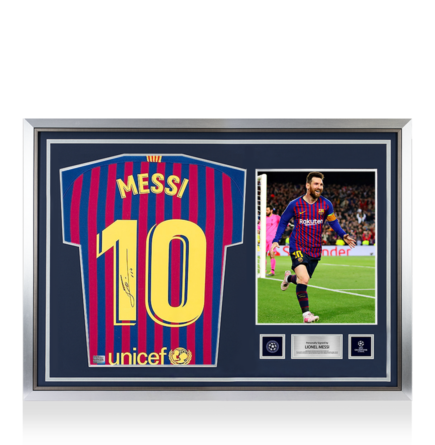 Lionel Messi Official UEFA Champions League Back Signed and Hero Framed FC Barcelona 2018-19 Home Shirt With Fan Style Numbers