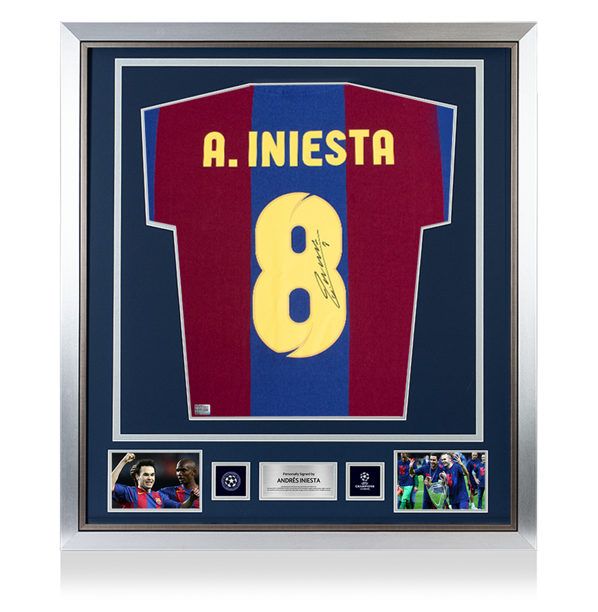 Andres Iniesta Official UEFA Champions League Back Signed and Framed Retro FC Barcelona Home Shirt UEFA Club Competitions Online Store
