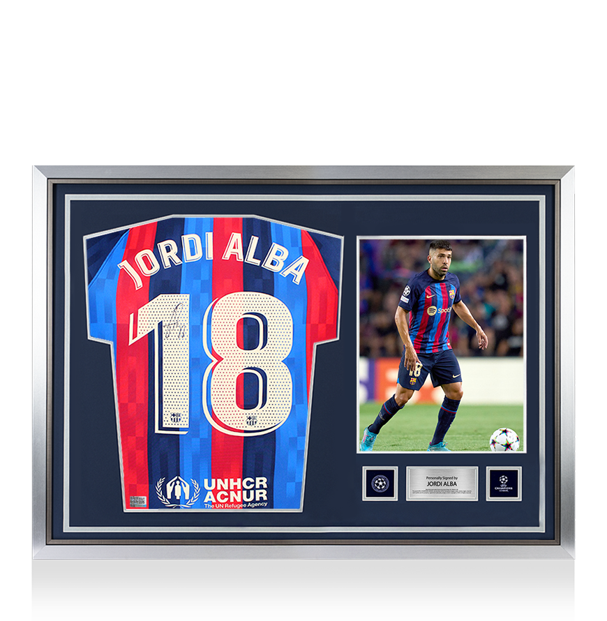 Jordi Alba Official UEFA Champions League Back Signed and Hero Framed FC Barcelona 2022-23 Home Shirt