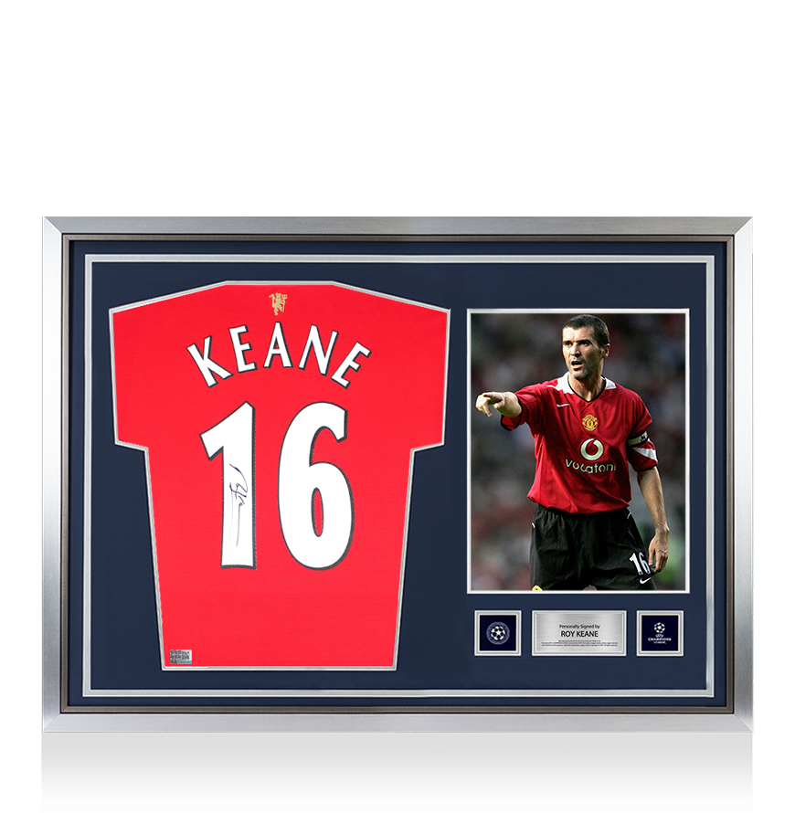 Roy Keane Official UEFA Champions League Back Signed and Hero Framed Manchester United 2021-22 Home Shirt