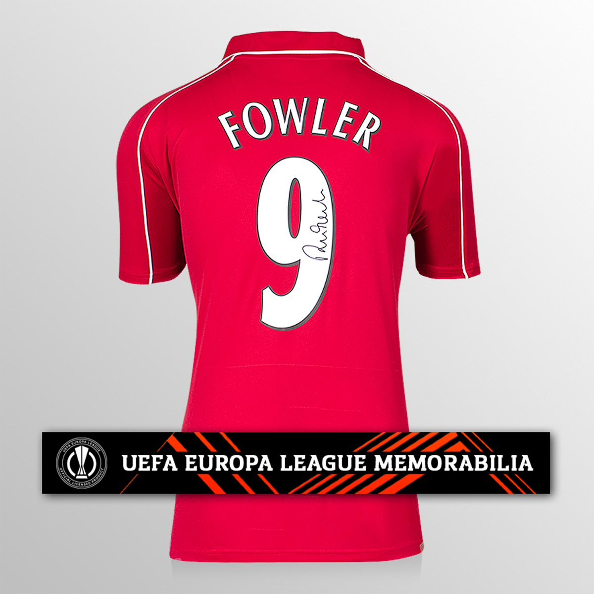 Robbie Fowler officielle UEFA Europa League en arrière a signé la chemise à domicile de Liverpool 2000-01