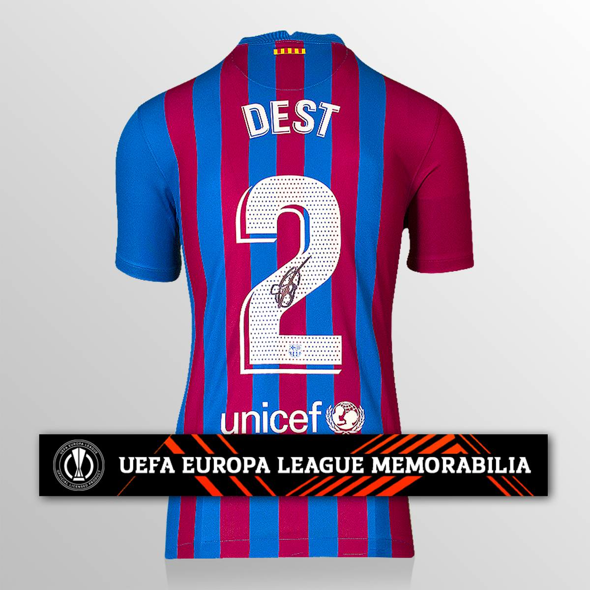 Sergino Dest Official UEFA Europa League Back Signed FC Barcelona 2021-22 Home Shirt