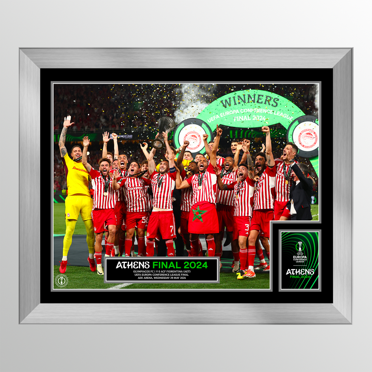 2024 UEFA Europa Conference League Final Athens Framed and Mounted Winners Cup Lift - Olympiacos