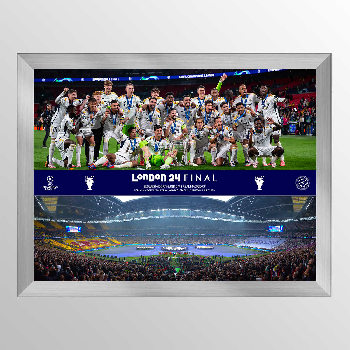 2024 UEFA Champions League Final London Celebration Framed Montage Featuring Trophy Lift and Panoramic Line Up