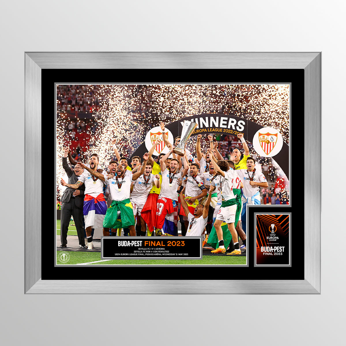 2023 UEFA Europa League Final Budapest Framed and Mounted Winners Cup Lift - Sevilla