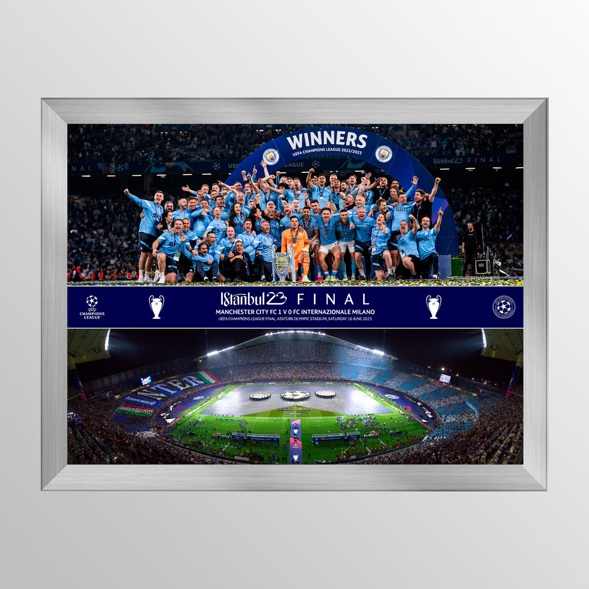 2023 UEFA Champions League Final Istanbul Celebration Framed Montage Featuring Trophy Lift and Panoramic Line Up