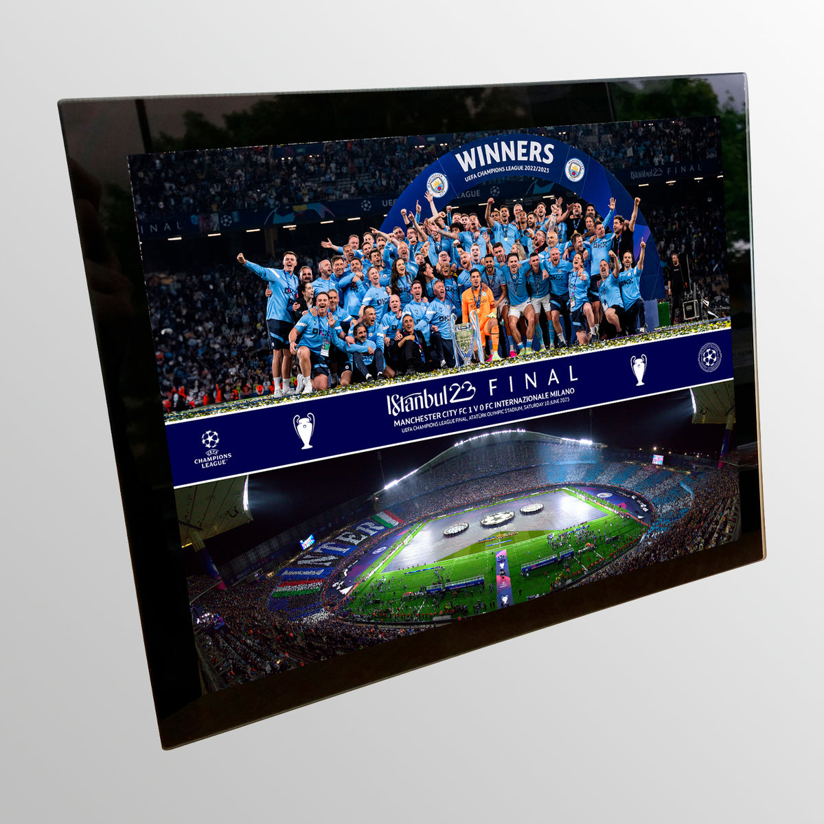 2023 UEFA Champions League Final Istanbul Tempered Glass Celebration Montage Featuring Trophy Lift and Panoramic Line Up