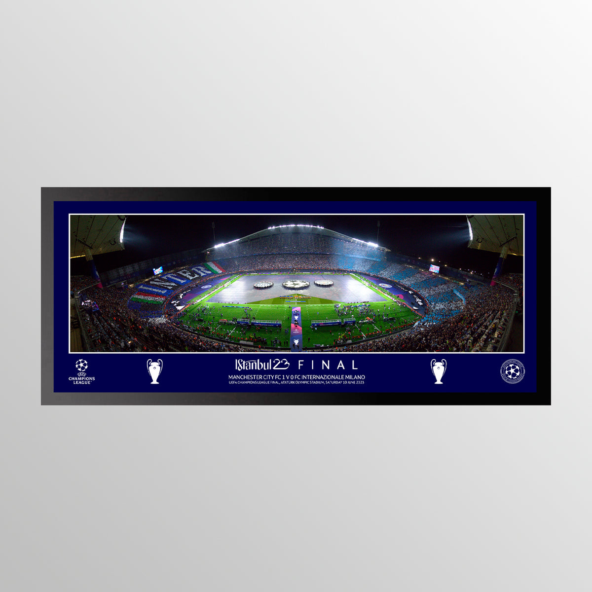 2023 Final de la Liga de Campeones de la UEFA Istanbul Línea panorámica de vidrio templado en estampado enmarcado