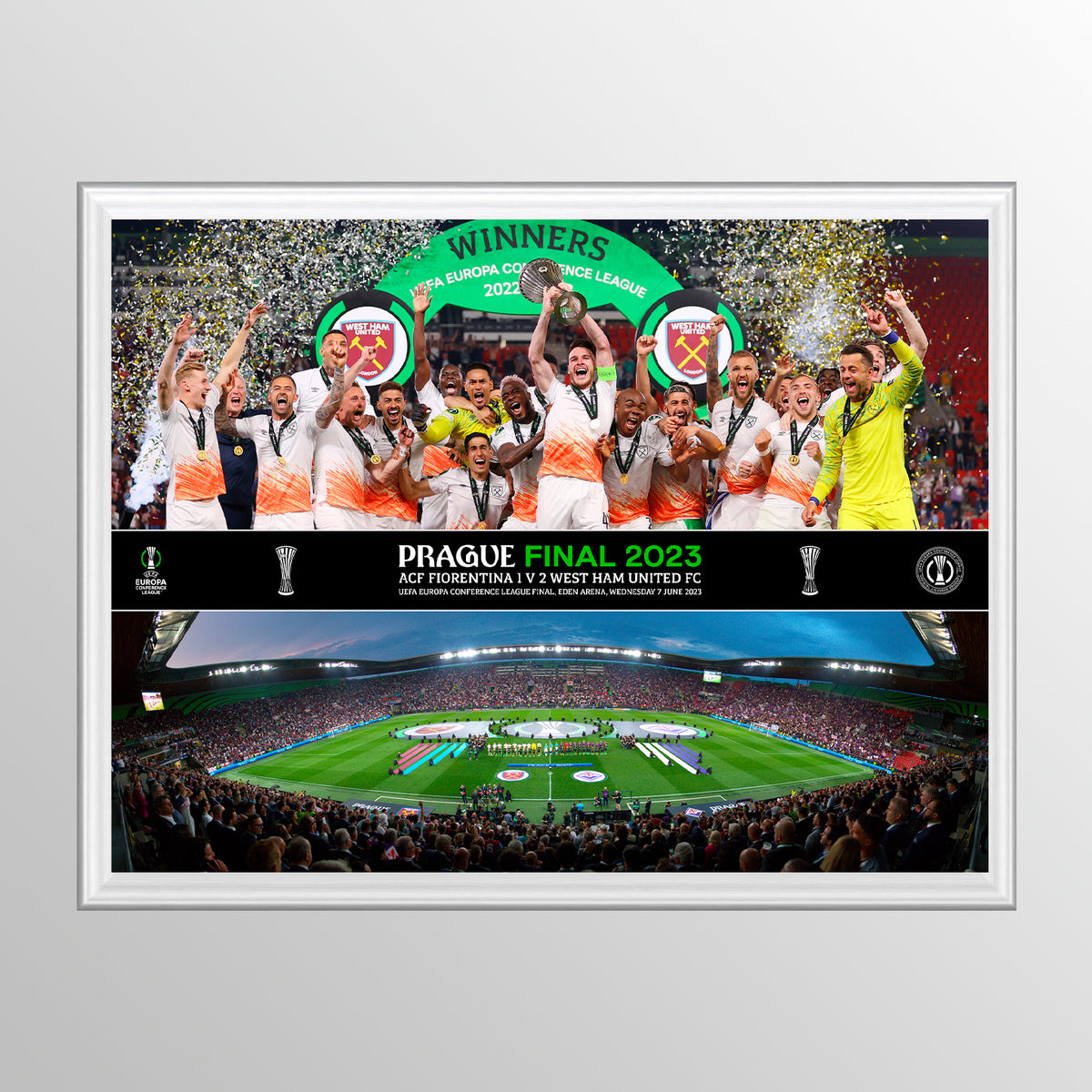 Montaggio celebrativo della finale di Praga della UEFA Europa Conference League 2023 con sollevamento dei trofei e formazione panoramica