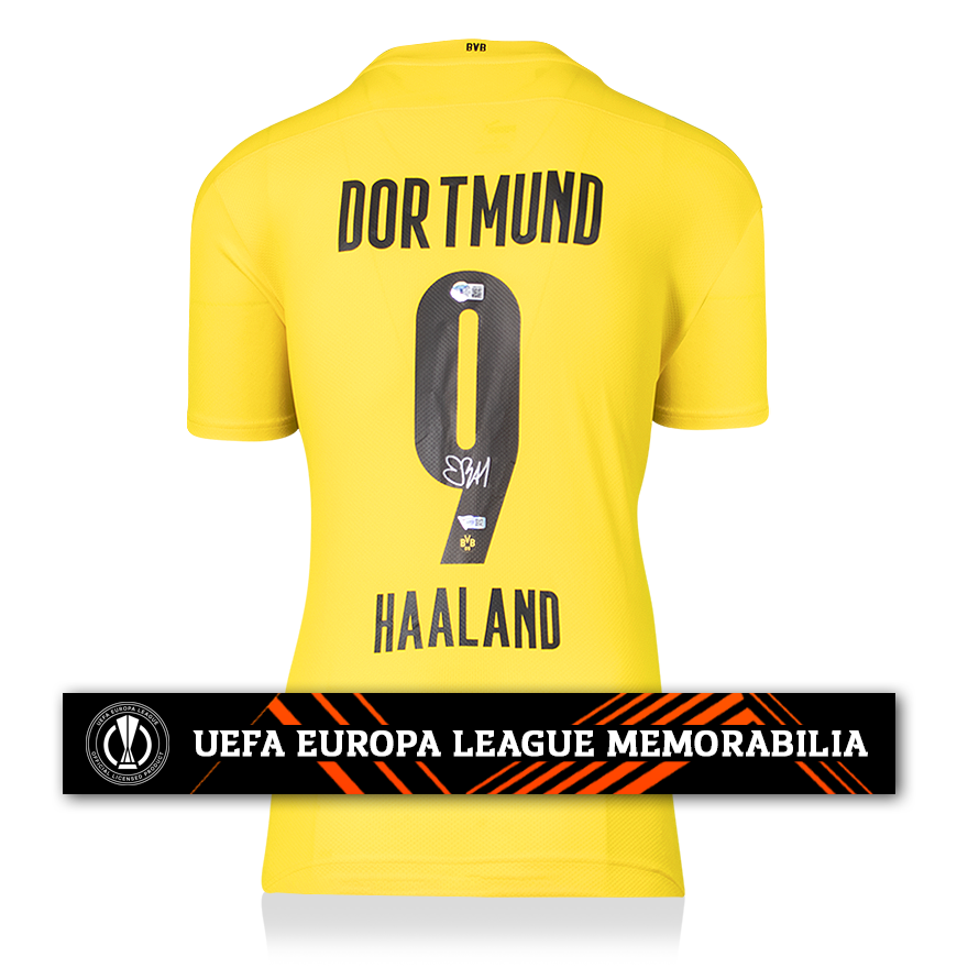 Erling Haaland Official UEFA Europa League Back Signed Borussia Dortmund 2020-21 Home Shirt
