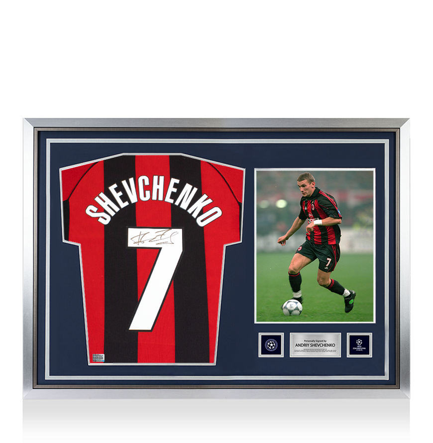 Pre-Framed Andriy Shevchenko Official UEFA Champions League Back Signed and Hero Framed AC Milan 1998-99 Home Shirt UEFA Club Competitions Online Store