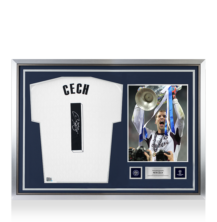 Petr Cech Official UEFA Champions League Back Signed and Hero Framed Adidas TIRO Goalkeeper Shirt with Fan Style Number UEFA Club Competitions Online Store