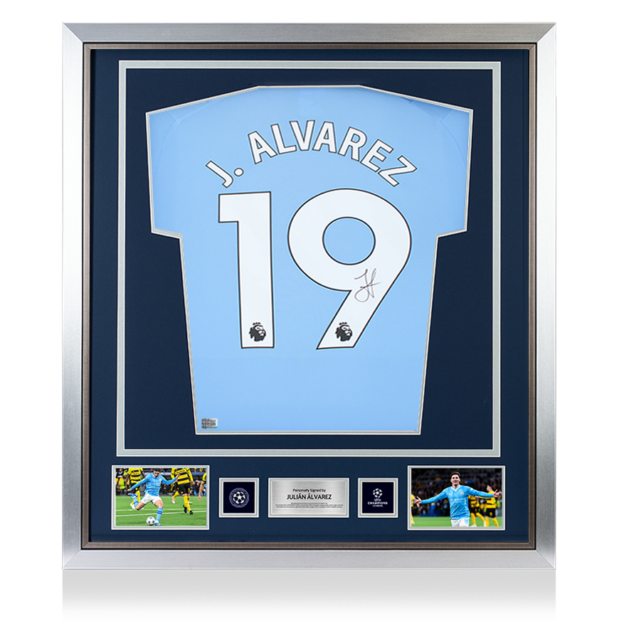 Julian Alvarez Official UEFA Champions League Back Signed and Framed Manchester City 2023-24 Home Shirt UEFA Club Competitions Online Store