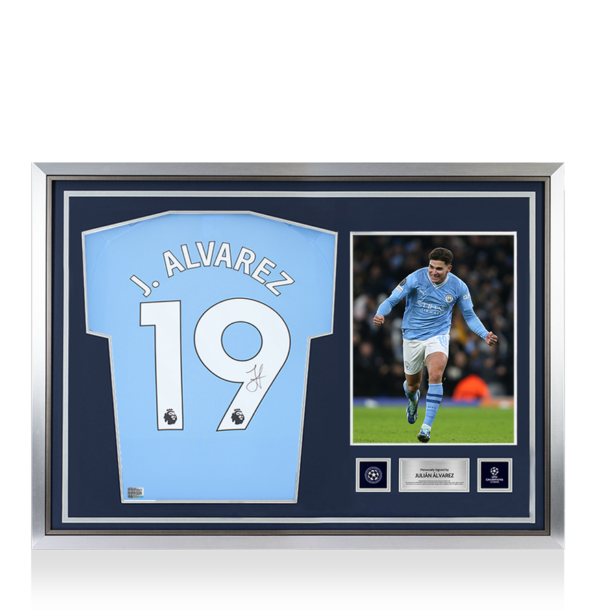 Julian Alvarez Official UEFA Champions League Back Signed and Hero Framed Manchester City 2023-24 Home Shirt UEFA Club Competitions Online Store