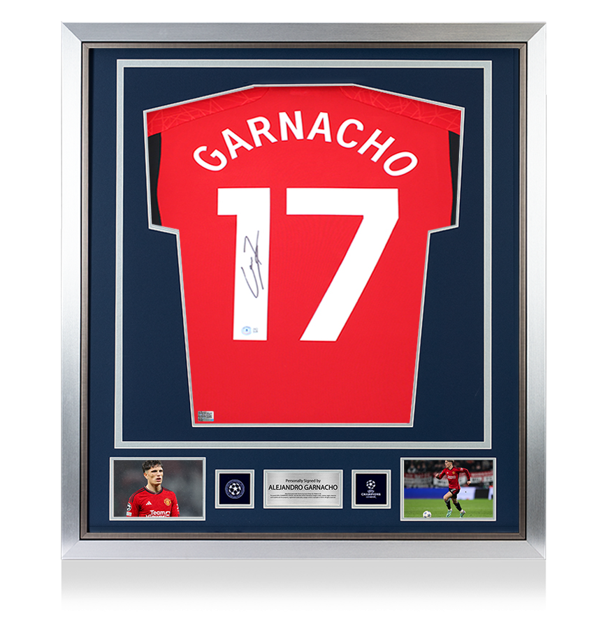 Alejandro Garnacho Official UEFA Champions League Back Signed and Framed Manchester United 2023-24 Home Shirt with Fan Style Numbers UEFA Club Competitions Online Store