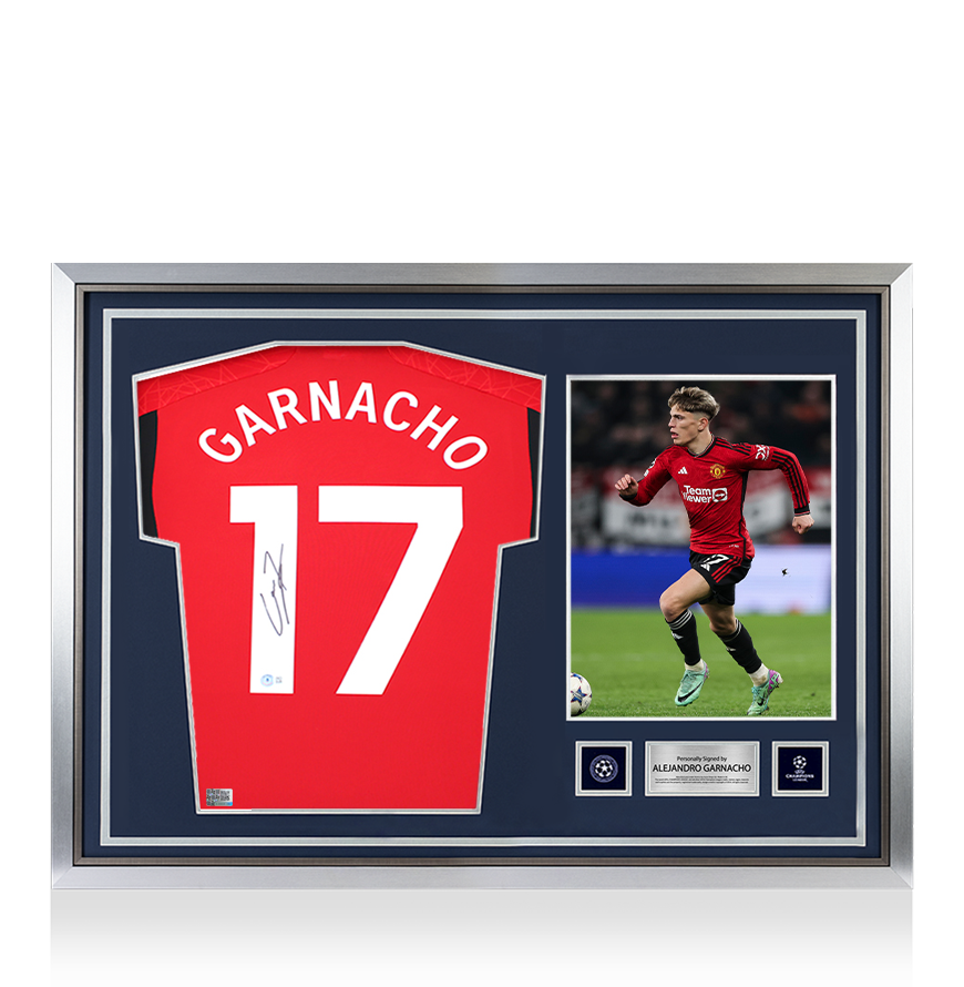 Alejandro Garnacho Official UEFA Champions League Back Signed and Hero Framed Manchester United 2023-24 Home Shirt with Fan Style Numbers UEFA Club Competitions Online Store