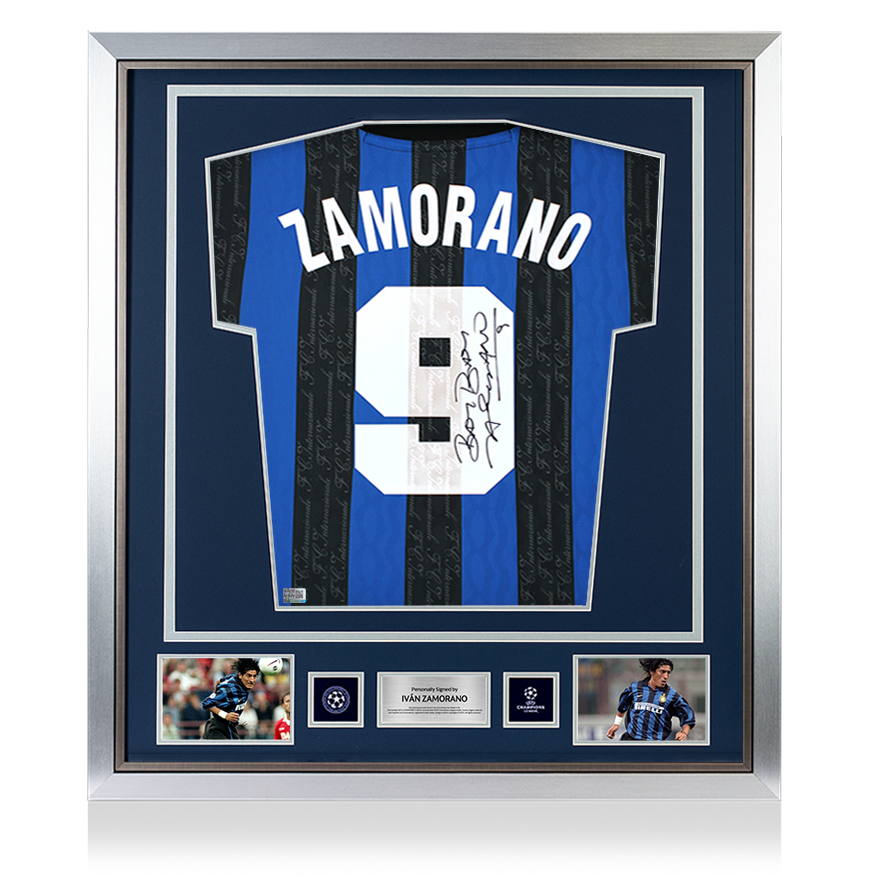 Ivan Zamorano Official UEFA Champions League Back Signed and Framed Internazionale 1997-98 Home Shirt with Fan Style Numbers UEFA Club Competitions Online Store