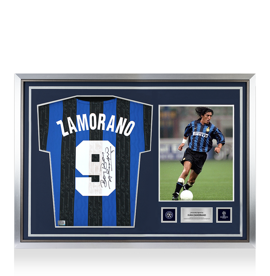 Ivan Zamorano Official UEFA Champions League Back Signed and Hero Framed Internazionale 1997-98 Home Shirt with Fan Style Numbers UEFA Club Competitions Online Store