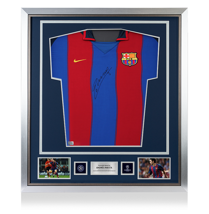 Andres Iniesta Official UEFA Champions League Front Signed and Framed FC Barcelona 2003-04 Home Shirt UEFA Club Competitions Online Store