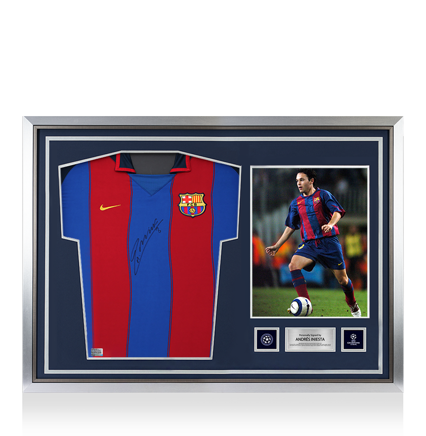 Andres Iniesta Official UEFA Champions League Front Signed and Hero Framed FC Barcelona 2003-04 Home Shirt UEFA Club Competitions Online Store