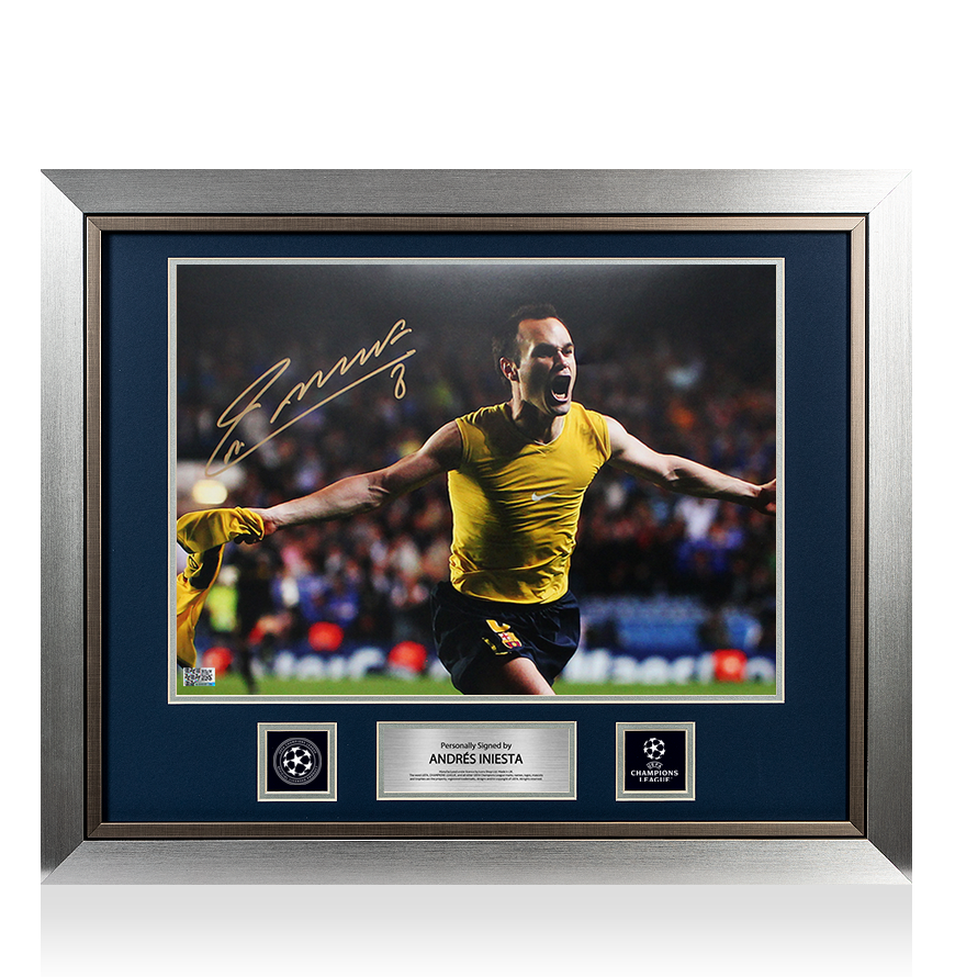 Andres Iniesta Official UEFA Champions League Signed and Framed FC Barcelona Photo: Shirt Off Celebration UEFA Club Competitions Online Store