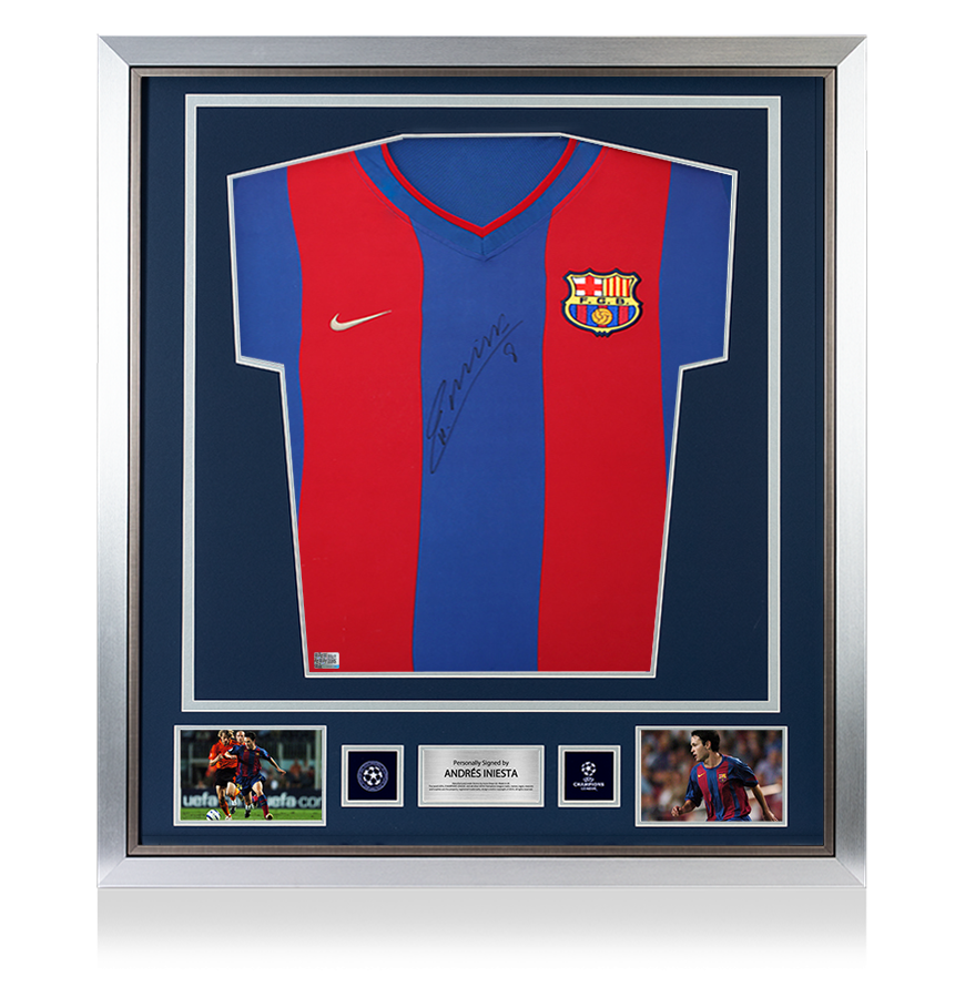 Andres Iniesta Official UEFA Champions League Front Signed and Framed Player Issue FC Barcelona 2002-03 Home Shirt UEFA Club Competitions Online Store