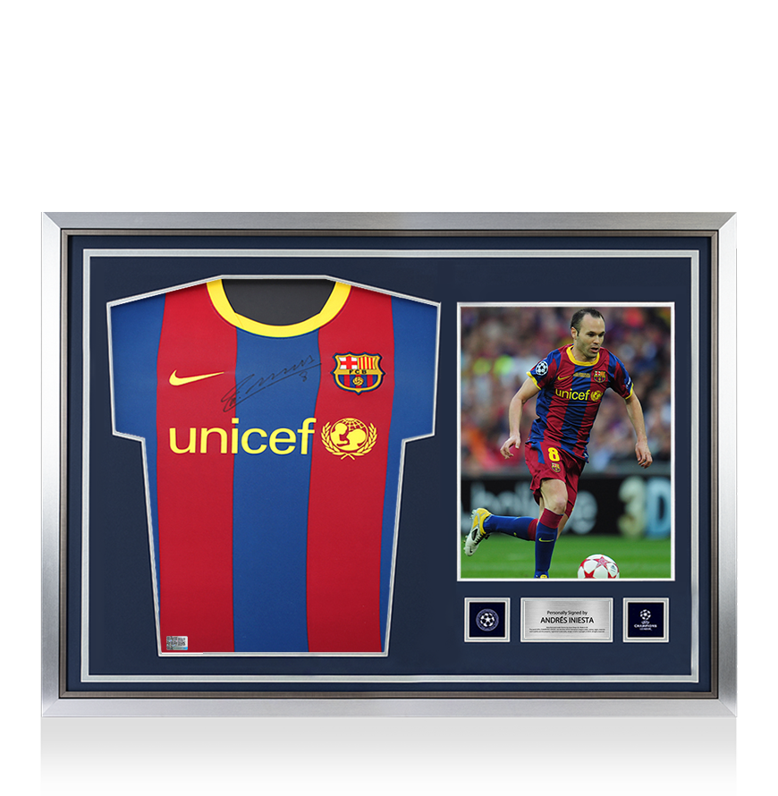 Andres Iniesta Official UEFA Champions League Front Signed and Hero Framed FC Barcelona 2010-11 Home Shirt UEFA Club Competitions Online Store