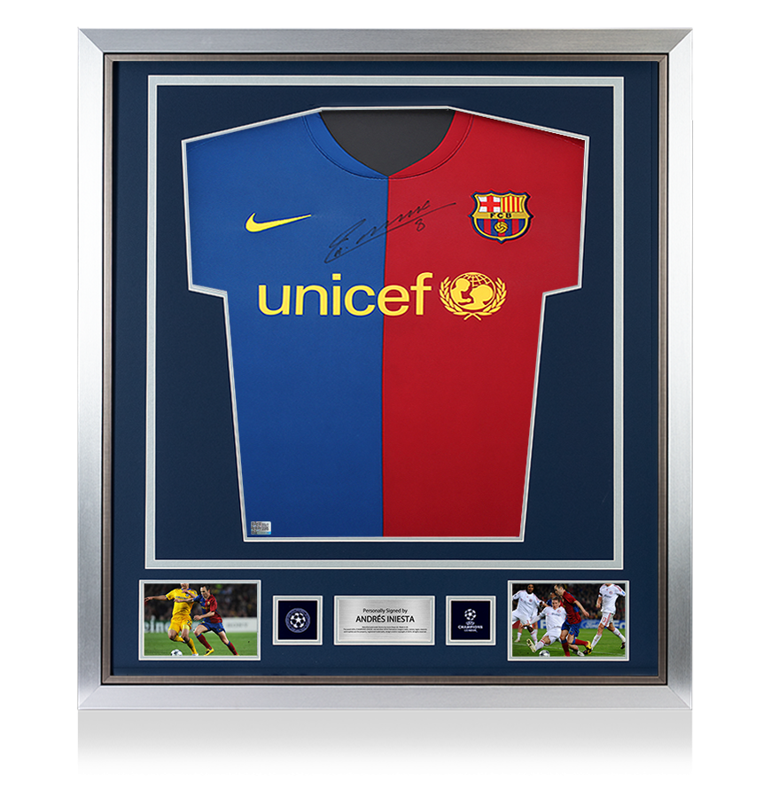 Andres Iniesta Official UEFA Champions League Front Signed and Framed FC Barcelona 2008-09 Home Shirt UEFA Club Competitions Online Store