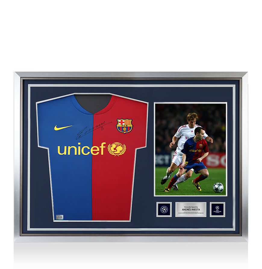 Andres Iniesta Official UEFA Champions League Front Signed and Hero Framed FC Barcelona 2008-09 Home Shirt UEFA Club Competitions Online Store