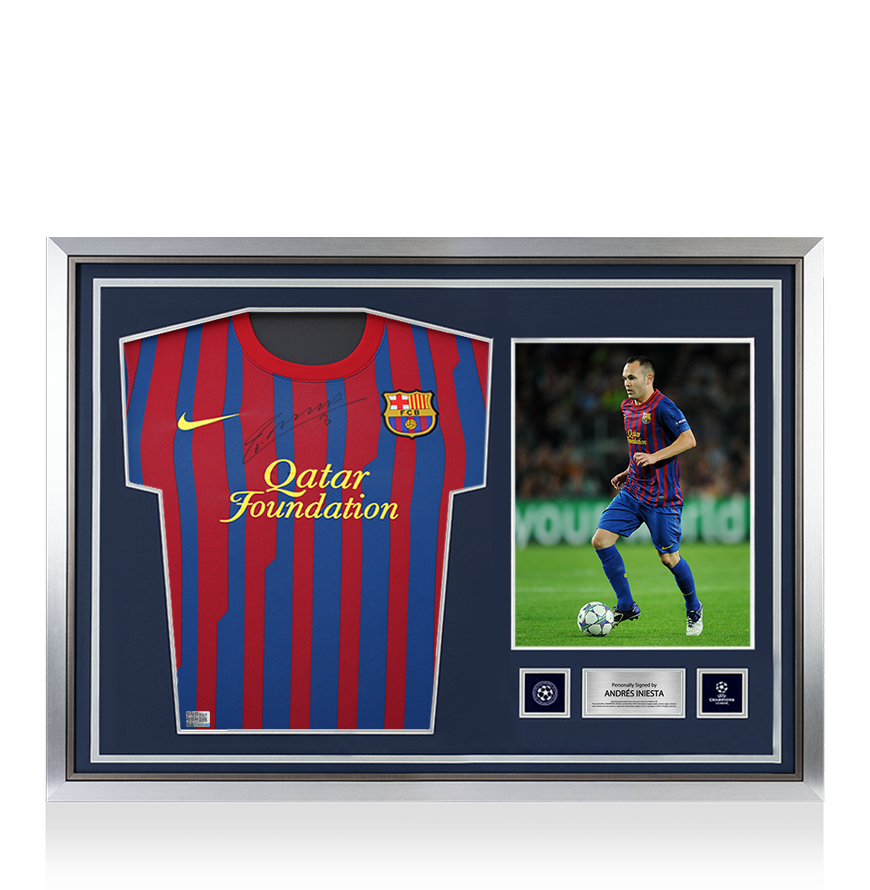 Andres Iniesta Official UEFA Champions League Front Signed and Hero Framed FC Barcelona 2011-12 Home Shirt UEFA Club Competitions Online Store