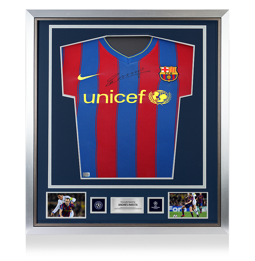 Andres Iniesta Official UEFA Champions League Front Signed and Framed FC Barcelona 2009-10 Home Shirt UEFA Club Competitions Online Store