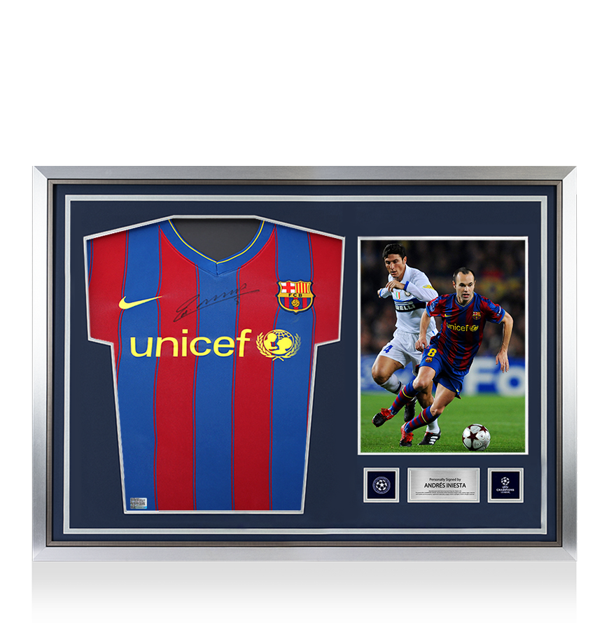 Andres Iniesta Official UEFA Champions League Front Signed and Hero Framed FC Barcelona 2009-10 Home Shirt UEFA Club Competitions Online Store