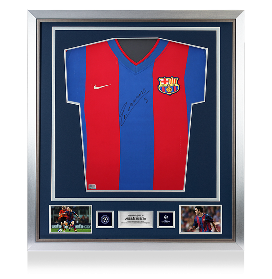 Andres Iniesta Official UEFA Champions League Front Signed and Framed FC Barcelona 2002-03 Home Shirt UEFA Club Competitions Online Store
