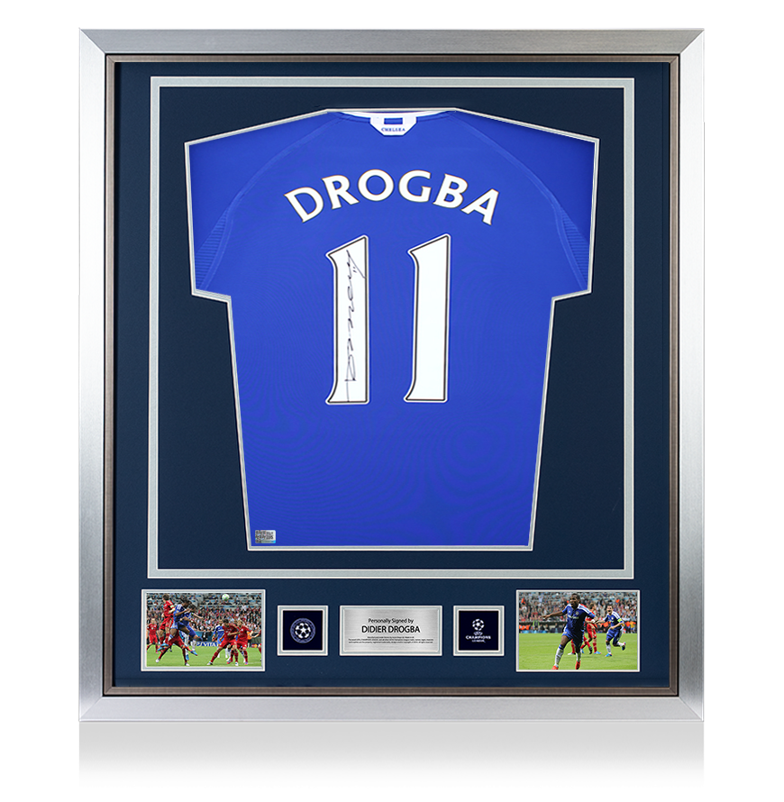 Didier Drogba Official UEFA Champions League Back Signed and Framed Chelsea 2000-01 Home Shirt with Fan Style Numbers UEFA Club Competitions Online Store