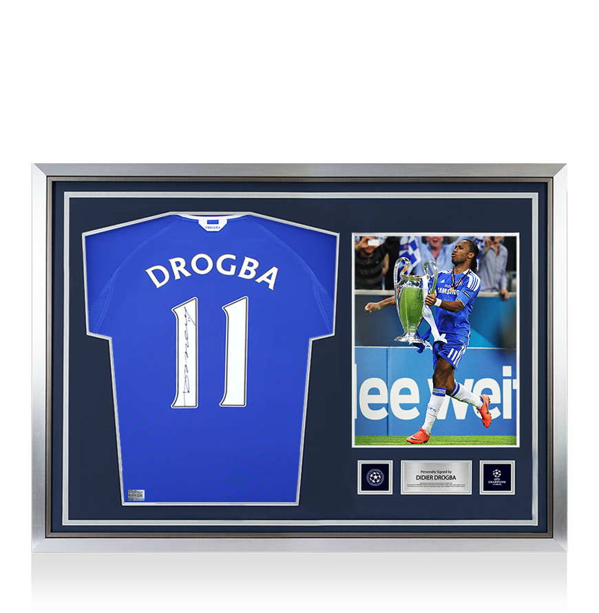Didier Drogba Official UEFA Champions League Back Signed and Hero Framed Chelsea 2000-01 Home Shirt with Fan Style Numbers UEFA Club Competitions Online Store