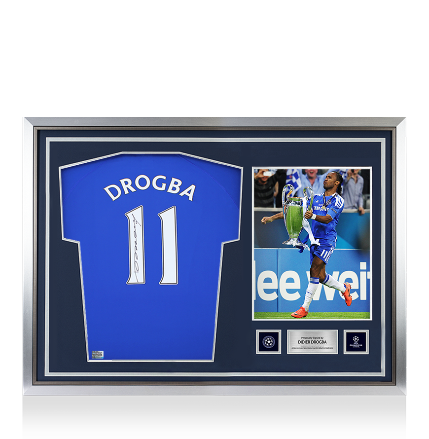 Didier Drogba Official UEFA Champions League Back Signed and Hero Framed Chelsea T-Shirt with Fan Style Numbers UEFA Club Competitions Online Store