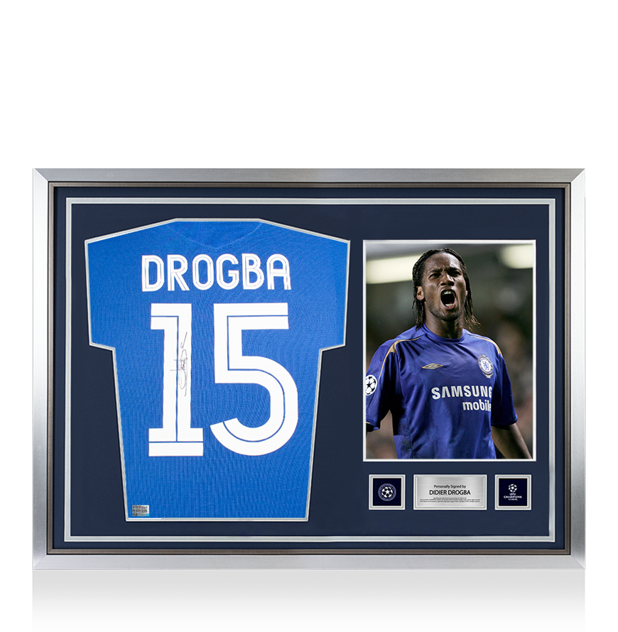 Didier Drogba Official UEFA Champions League Back Signed and Hero Framed Chelsea 2005-06 Centenary Home Shirt UEFA Club Competitions Online Store