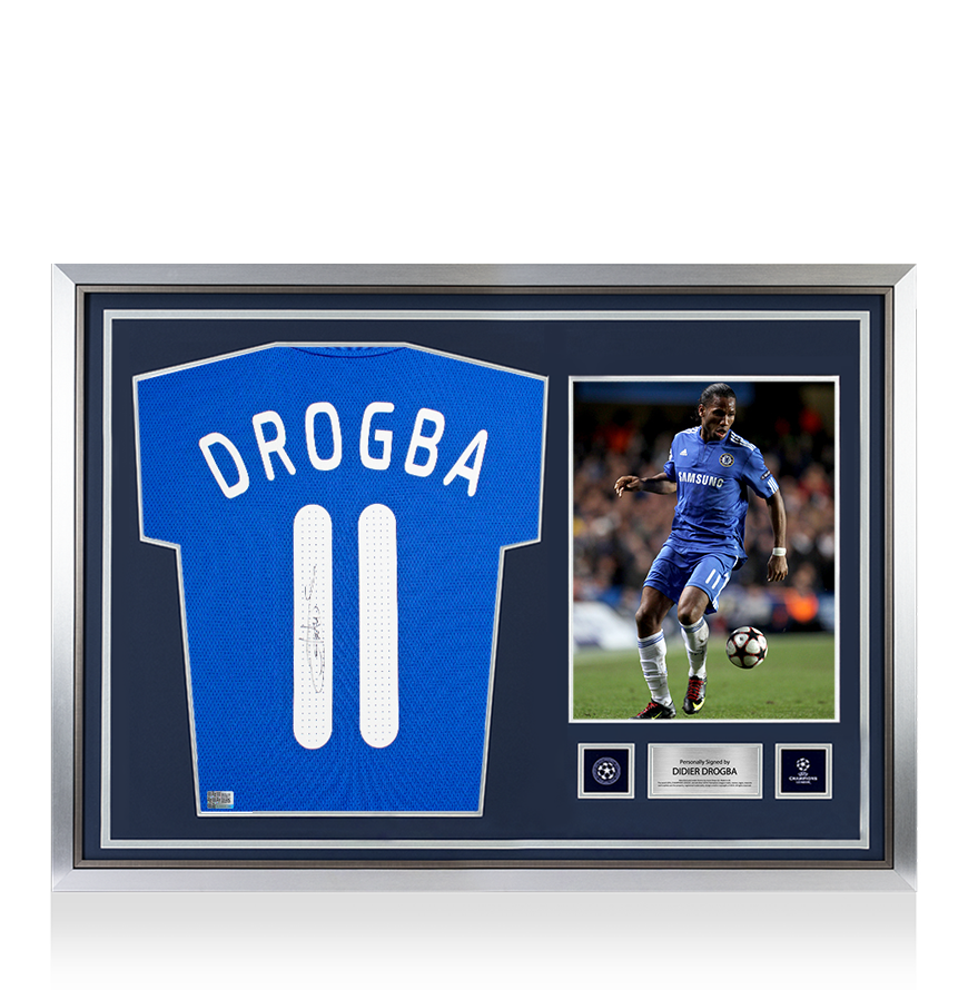 Didier Drogba Official UEFA Champions League Back Signed and Hero Framed Chelsea 2009-10 Home Shirt UEFA Club Competitions Online Store