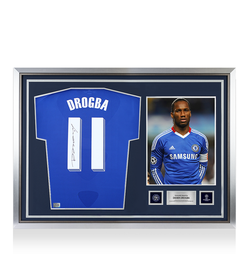 Didier Drogba Official UEFA Champions League Back Signed and Hero Framed Chelsea 2010-11 Home Shirt with Fan Style Numbers UEFA Club Competitions Online Store