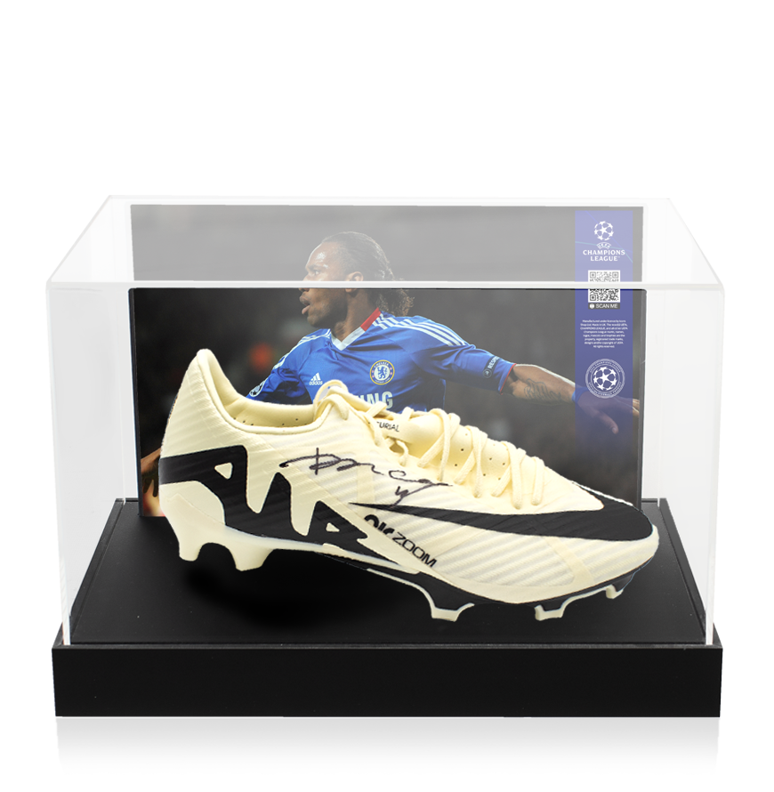 Didier Drogba Official UEFA Champions League Signed Nike Vapor Boot In Photo Acrylic Case: Option 1 UEFA Club Competitions Online Store