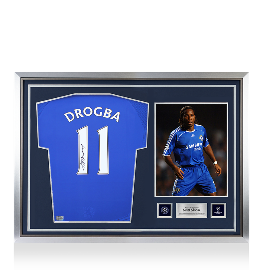 Didier Drogba Official UEFA Champions League Back Signed and Hero Framed Chelsea 2006-08 Home Shirt with Fan Style Number UEFA Club Competitions Online Store
