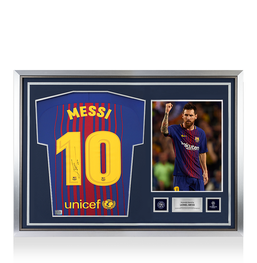 Lionel Messi Official UEFA Champions League Official Back Signed and Hero Framed FC Barcelona 2017-18 Home Shirt UEFA Club Competitions Online Store