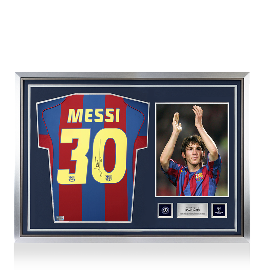 Lionel Messi Official UEFA Champions League Official Back Signed and Hero Framed FC Barcelona 2004-05 Home Shirt UEFA Club Competitions Online Store