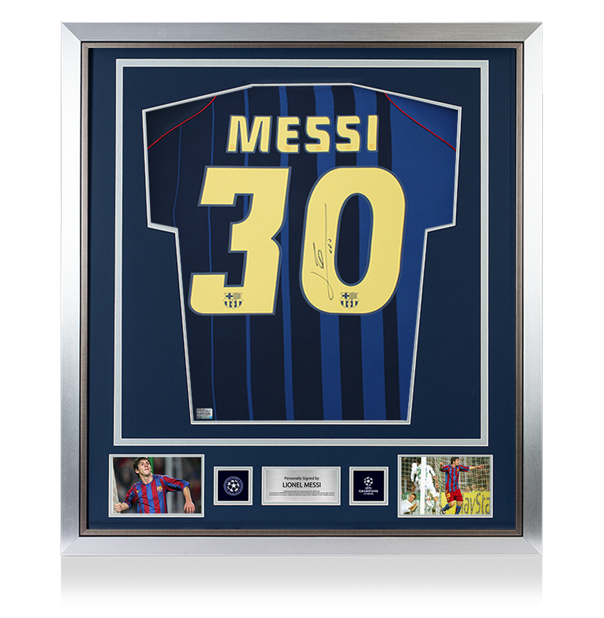 Lionel Messi Official UEFA Champions League Official Back Signed and Framed FC Barcelona 2004-05 Away Shirt UEFA Club Competitions Online Store
