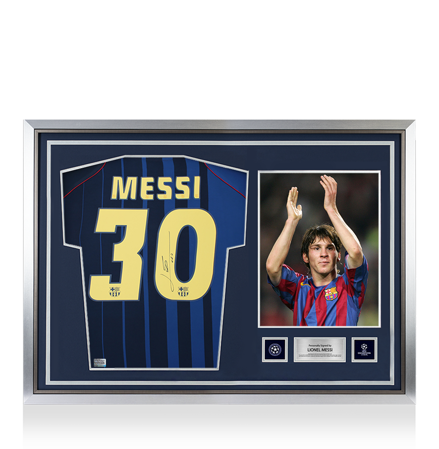 Lionel Messi Official UEFA Champions League Official Back Signed and Hero Framed FC Barcelona 2004-05 Away Shirt UEFA Club Competitions Online Store