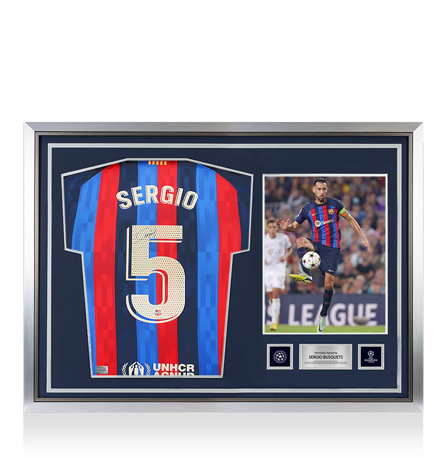 Sergio Busquets Official UEFA Champions League Back Signed and Hero Framed FC Barcelona 2022-23 Home Shirt UEFA Club Competitions Online Store